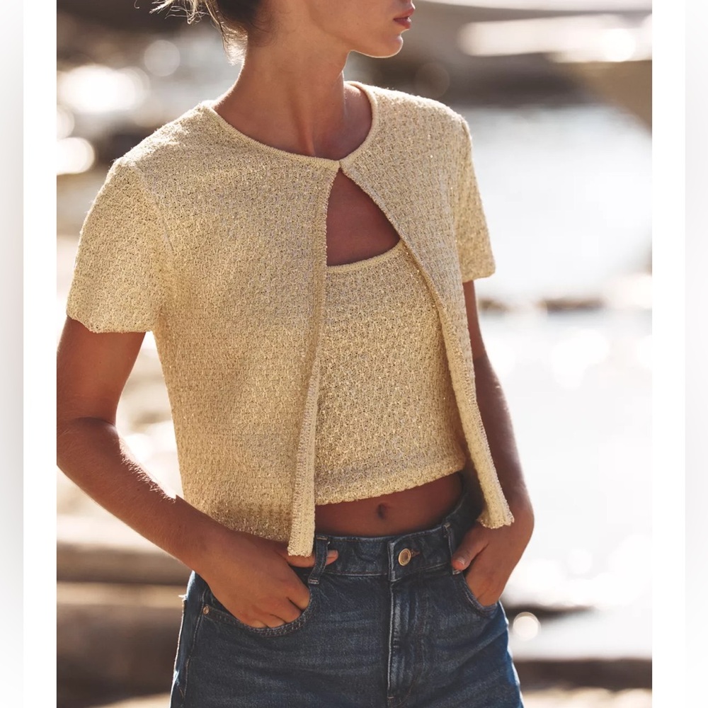 Zara NWT gold metallic thread cardigan Sequin gold knit sweater short sleeve